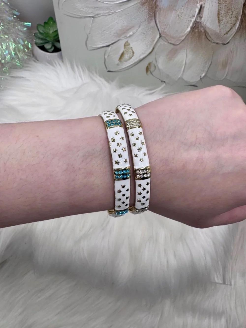 White Enamel Gold-Tone Cuff Bracelet Set– Blue & Clear Rhinestones